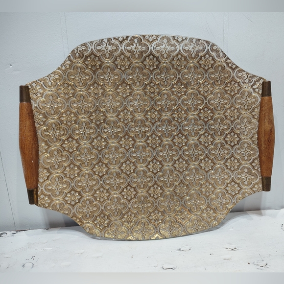 Vintage Mid Century Textured Painted Glass Serving Tray Wood Handles Gold‎ MCM